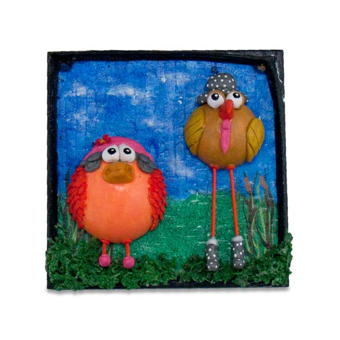 CUADRO RELIEVE GALLINAS NARANJA Y AMARILLA